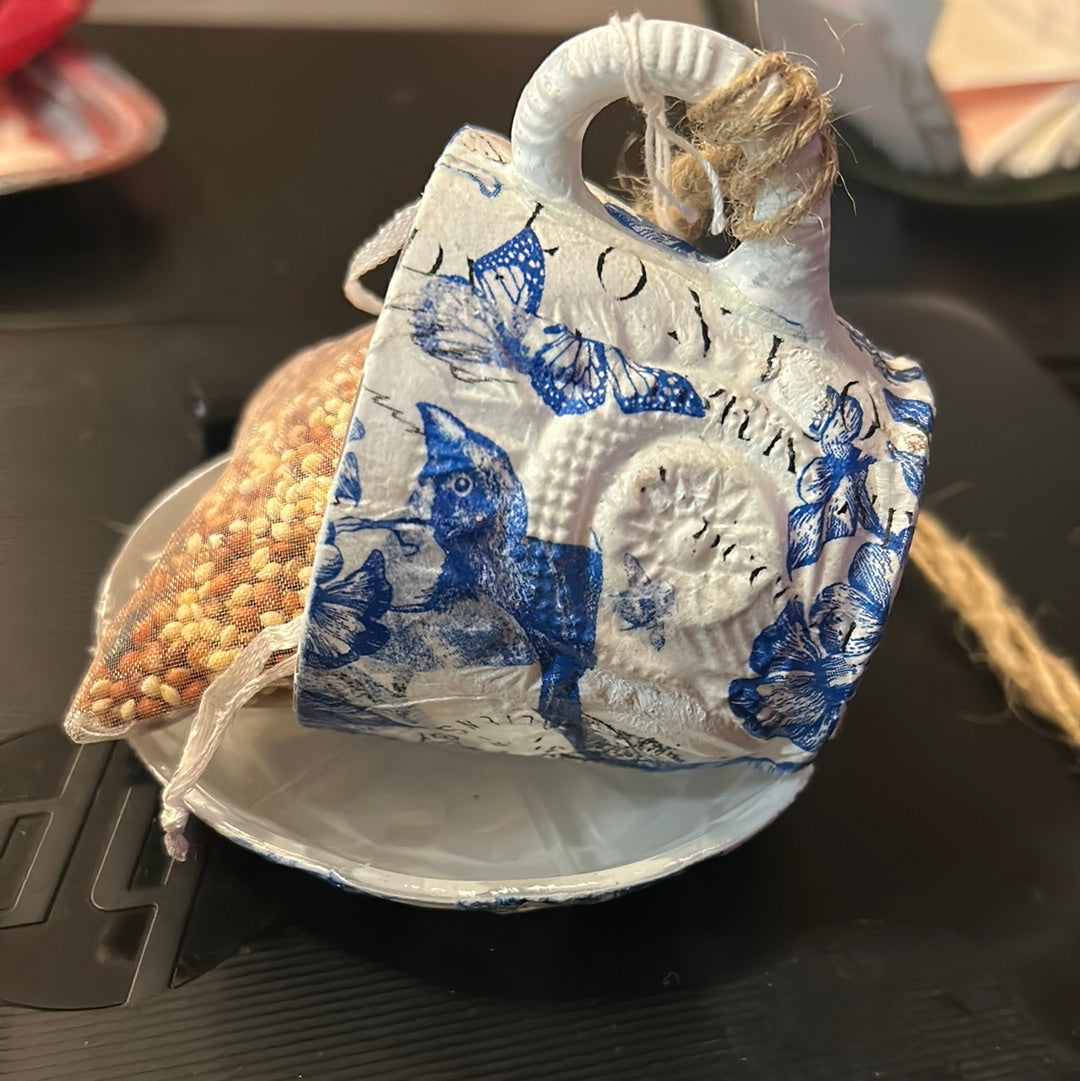 Blue Tea Cup Bird Feeder