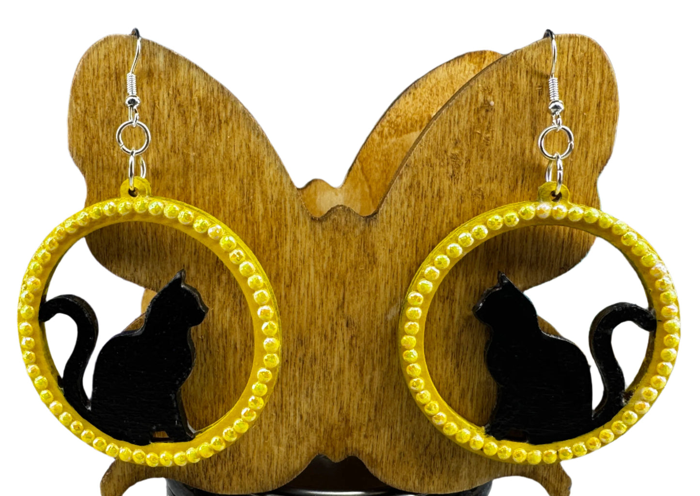 Earrings - Open Circle Yellow with Black Cat
