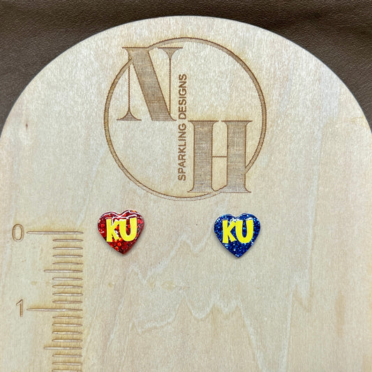 KU Stud Earrings - red/blue hearts, yellow vinyl