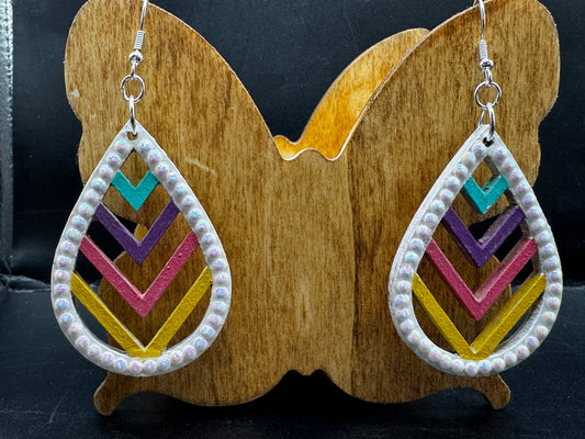 Earrings - teardrop Chevron jewel tones and white