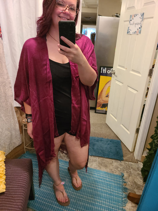 Open Grid Frayed Trim Kimono with Armholes